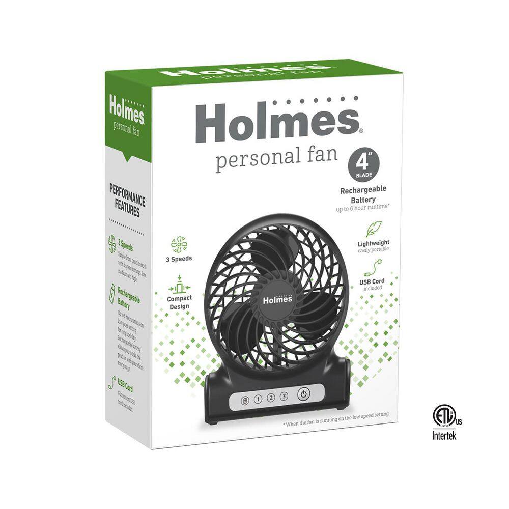 Holmes 4 in. Rechargeable Personal Fan with 3 Speeds Black 17034