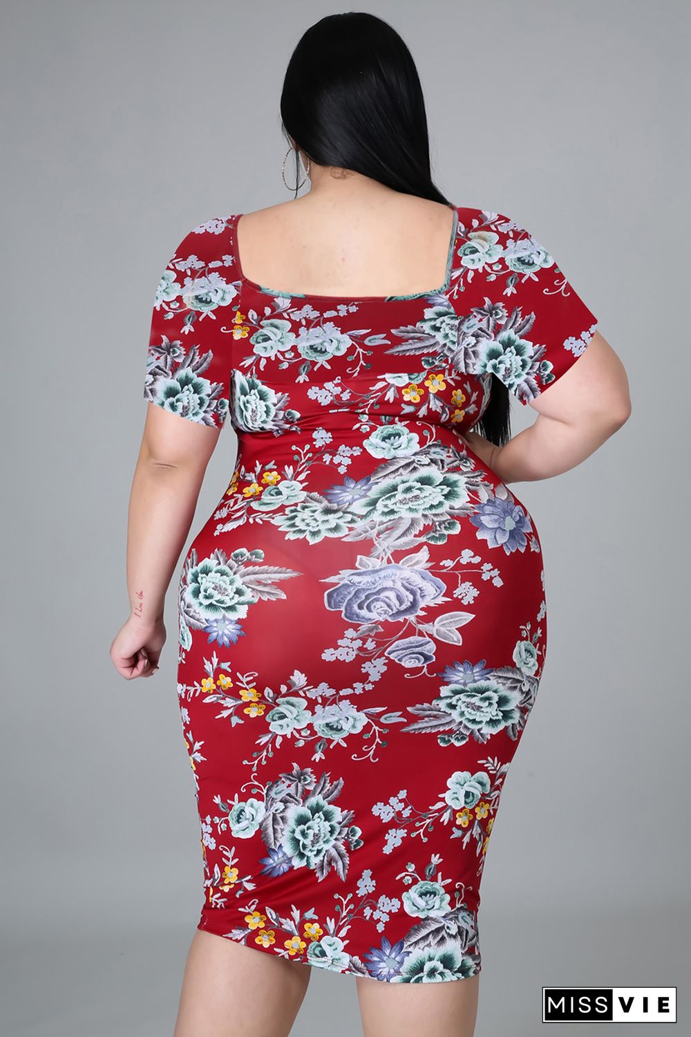 Red Plus Size Floral Short Sleeve Slim Fit Midi Dress