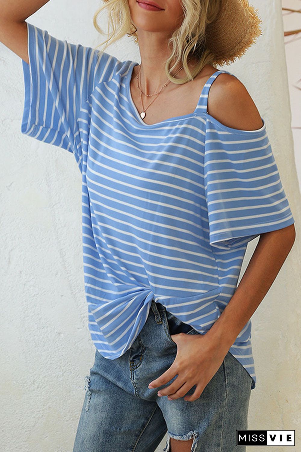 Fashion Street Striped Oblique Collar T-Shirts