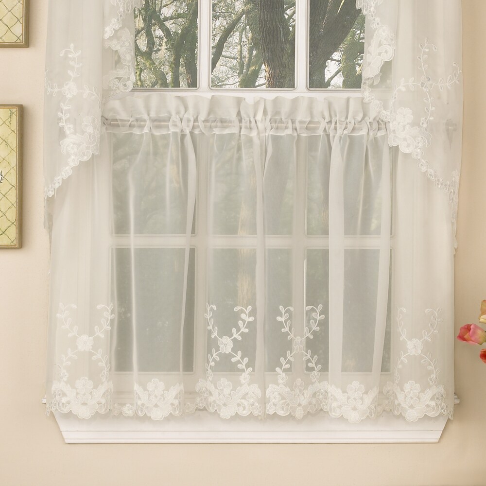 Sheer Voile Embroidered Scrolling Floral Leaf Pattern Window Curtain Pieces   Tiers  Valance and Swag Pair Options