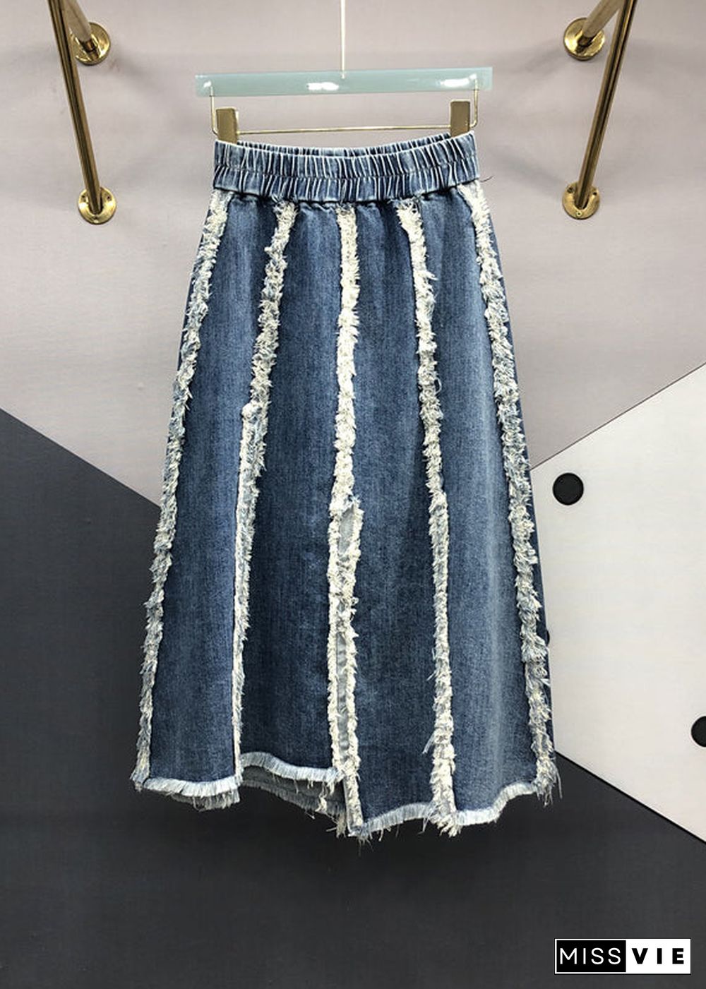 Italian Blue Tasseled Elastic Waist Patchwork Denim Skirts Fall