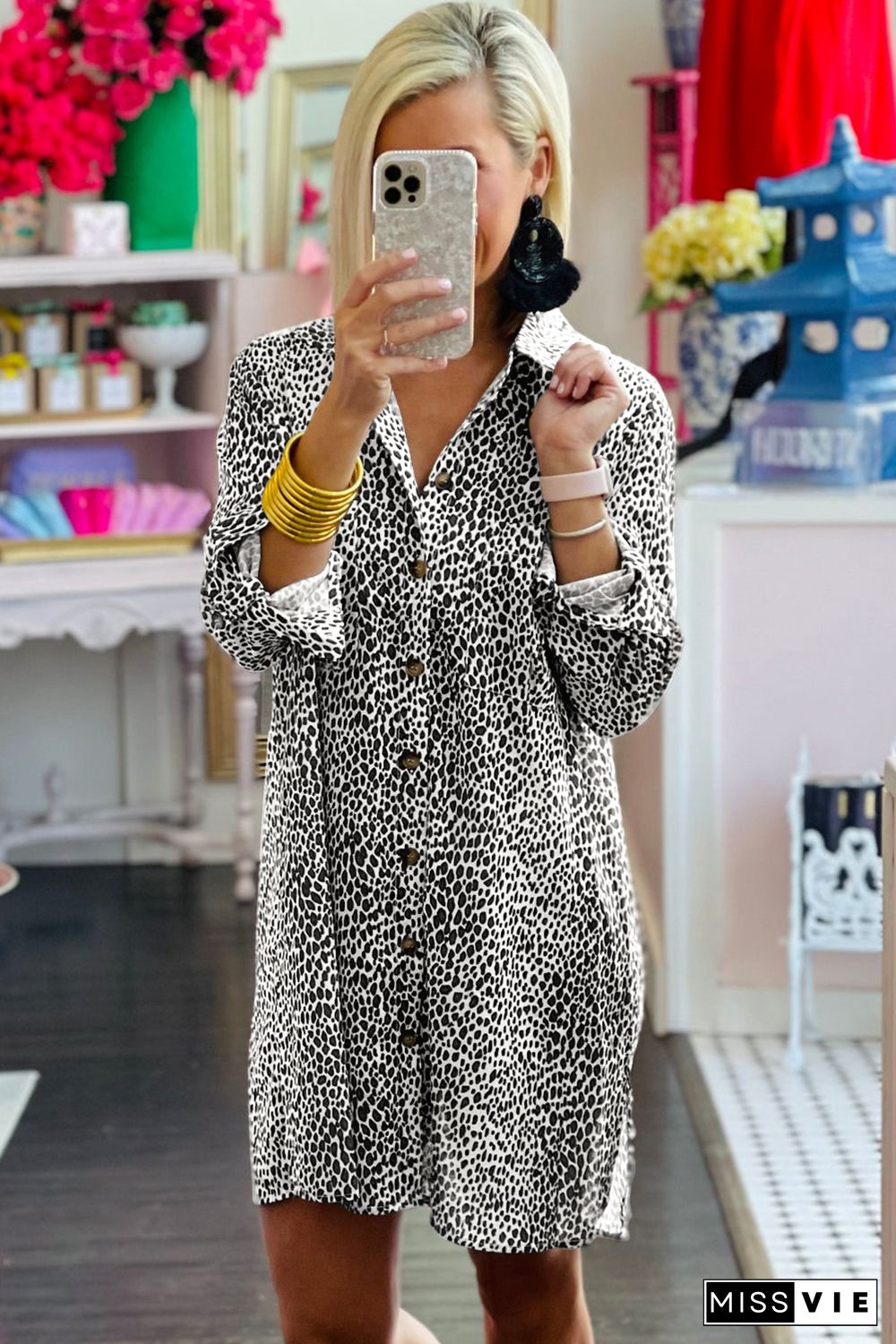 Long Sleeve Leopard Animal Print Shirt Dress