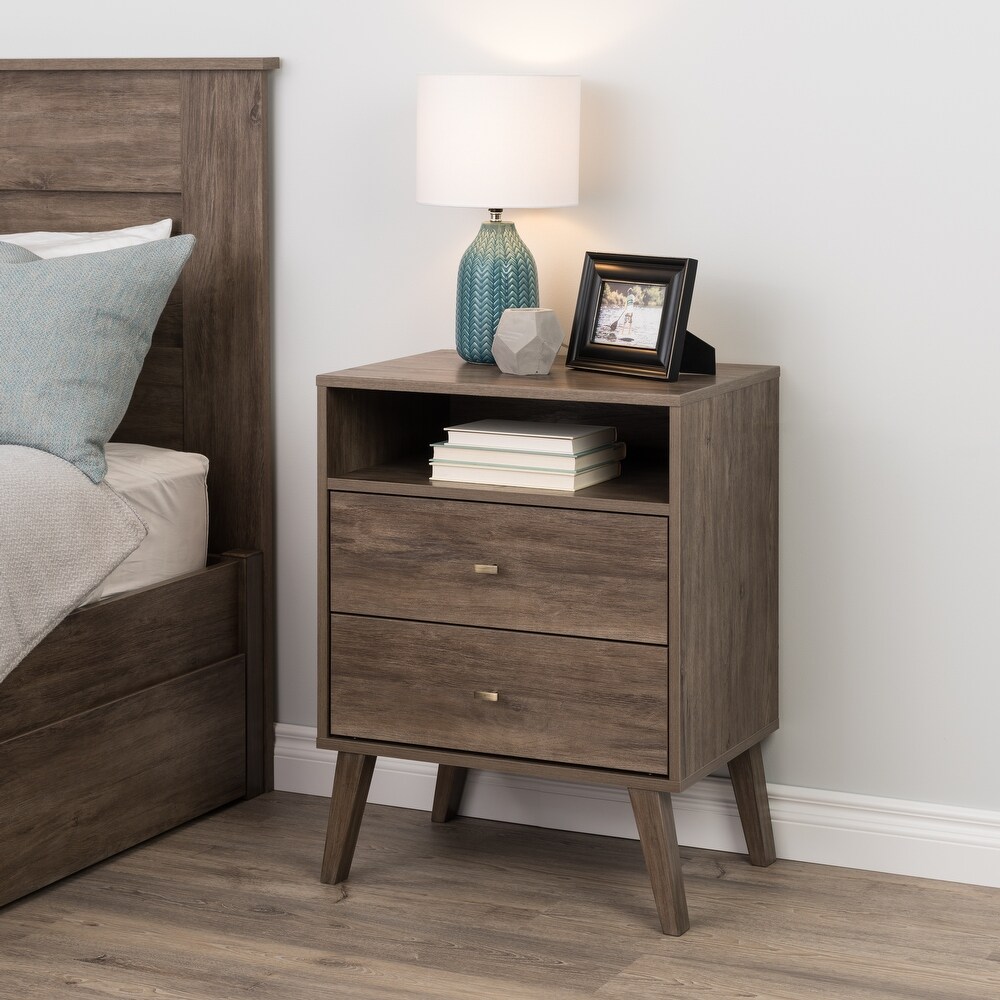 Prepac Milo Mid Century Modern 2 Drawer Nightstand with Open Shelf  Bedside Table  Contemporary Bedroom Furniture