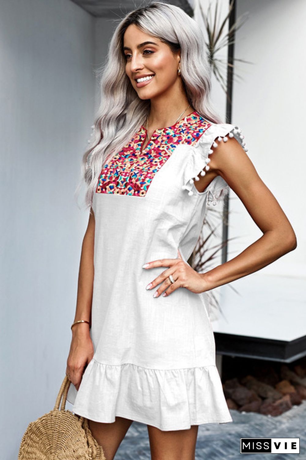 Women's Casual V Neck Skirt Boho Mexican Vintage Embroidery Print Mini Pompom Sleeve Shift Dress