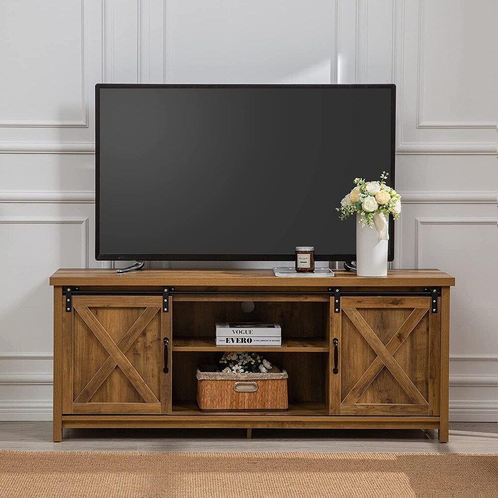 Modern Farmhouse TV Stand with Sliding Barn Doors  Media Entertainment Center Console Table for TVs up to 65\\u201D