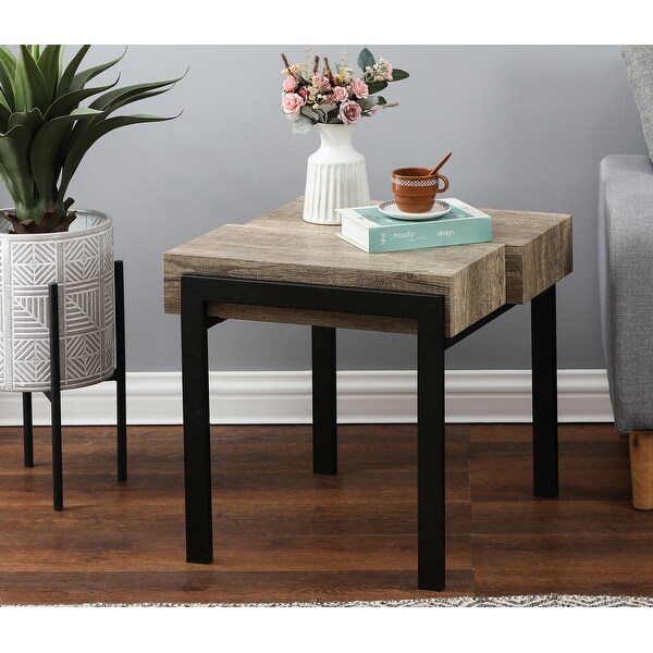 Rustic Oak Brown Manufactured Wood and Black Metal Side Table - 20