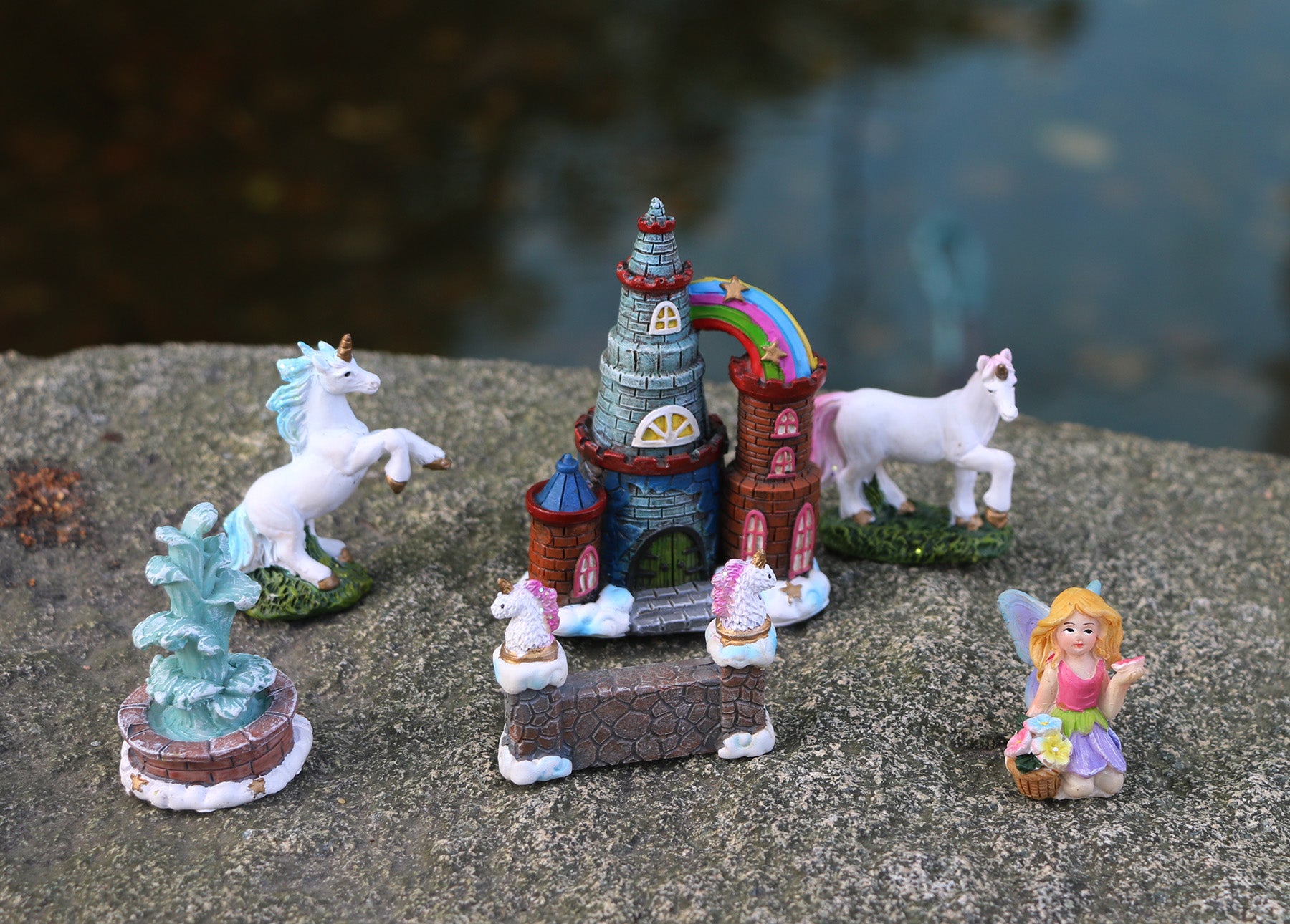 Unicorn Figurines Fairy Garden Accessories Miniature Unicorn Gift Set Outdoor Garden Decoration Fairy Figurines Castle Fountain Girl Birthday Gifts (Set of 23)