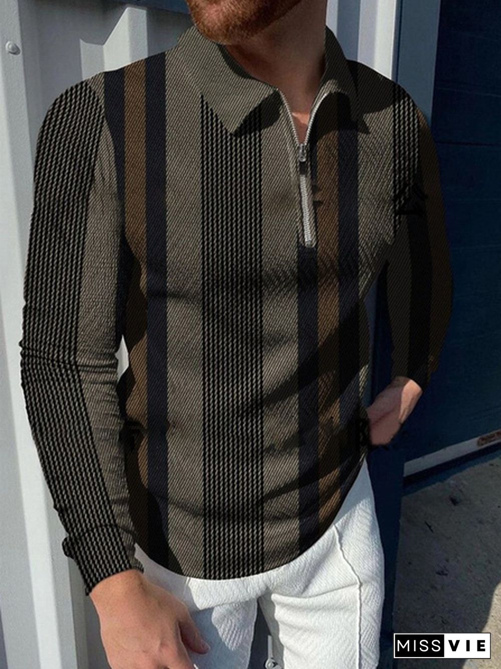 Fashion Men's Lapel Polo Shirt Striped Print T-shirt Casual Zip Long Sleeve T-Shirt