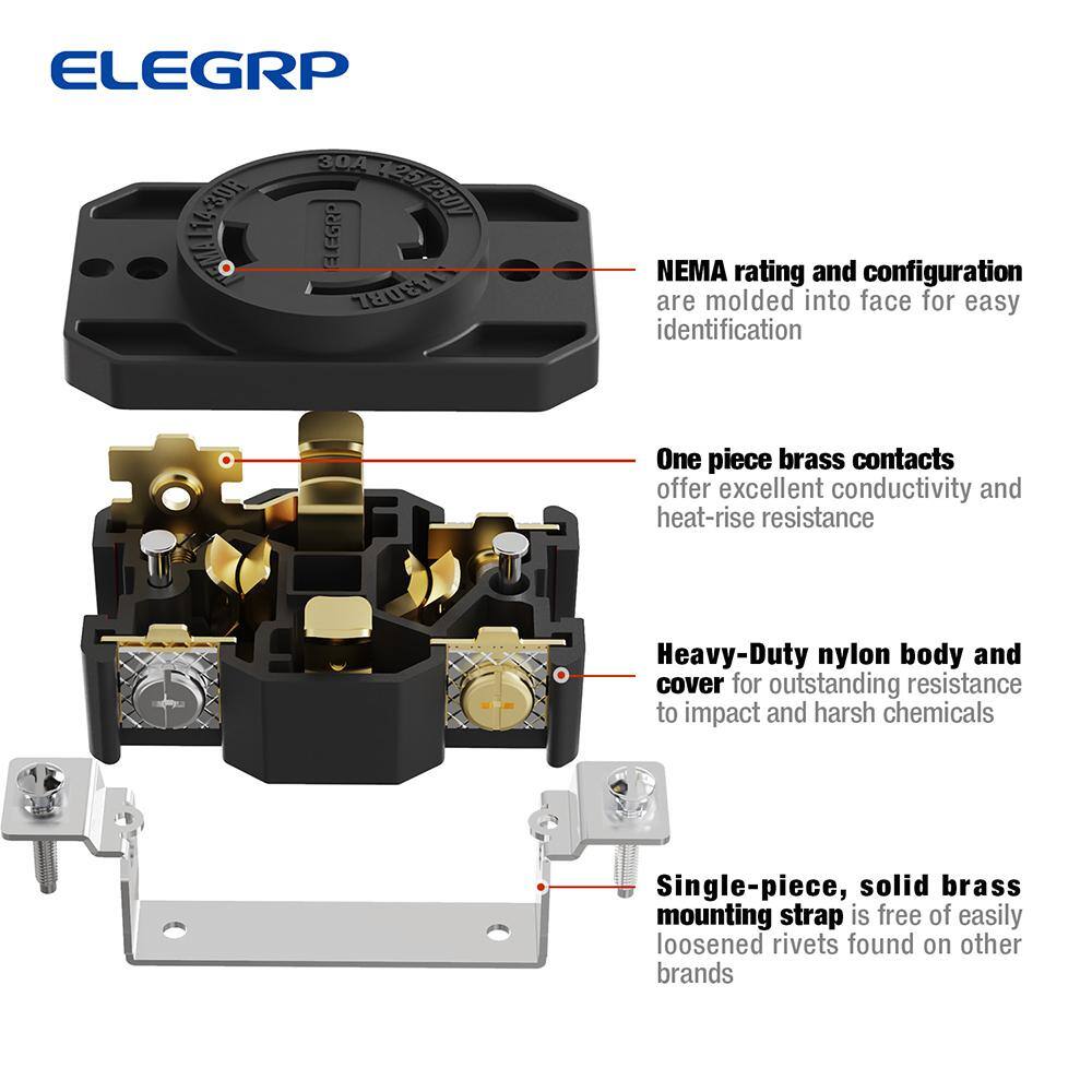 ELEGRP 30 Amp 125250V NEMA L14-30R Locking Receptacle Industrial Grade Grounding Twist Lock Outlet Black L1430RL