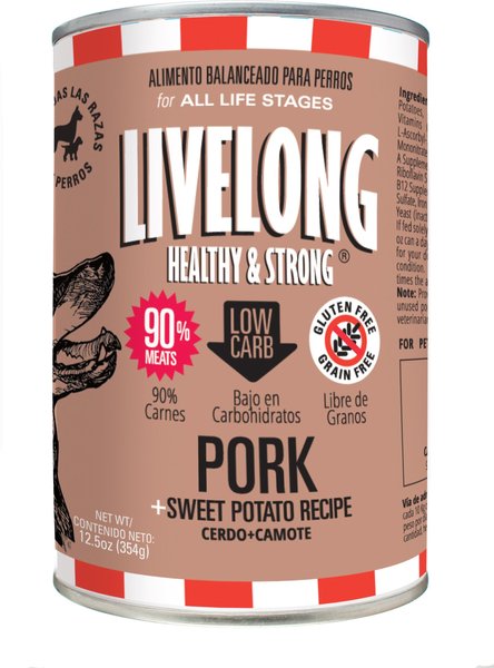 Livelong Healthy and Strong Pork and Sweet Potato Recipe Wet Dog Food， 12.5-oz can， case of 12