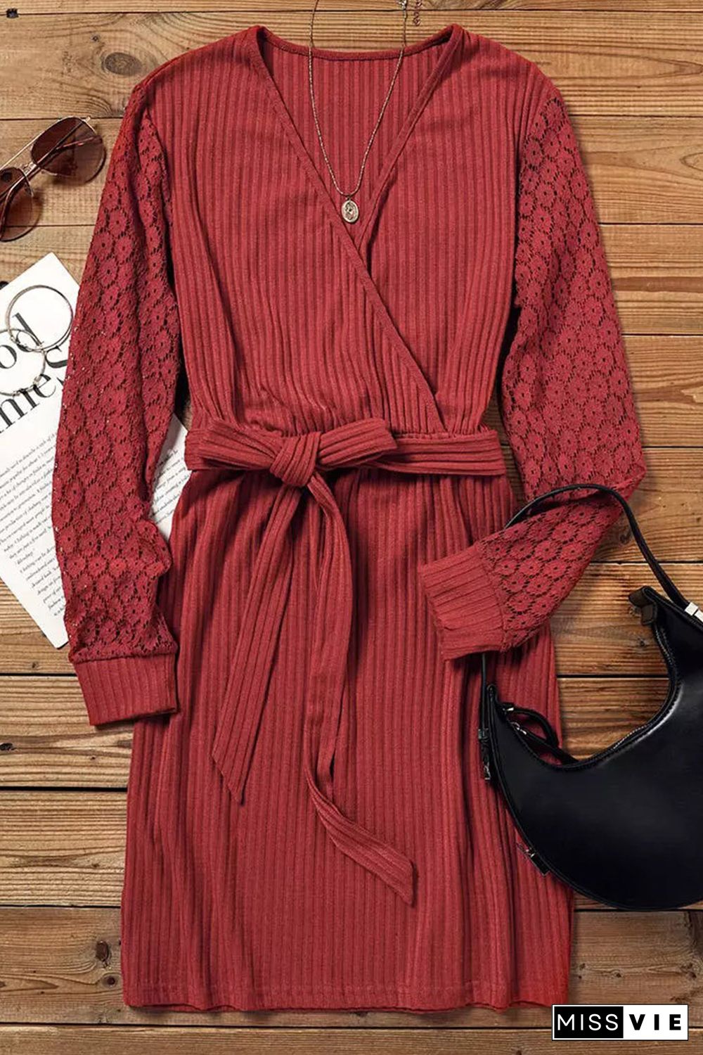 Red Lace Splicing Lace-up Wrap V Neck Mini Dress