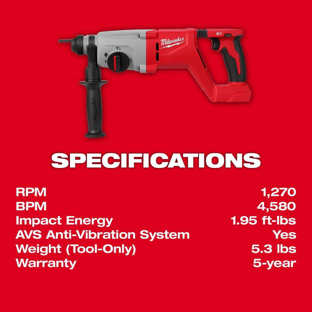 MW M18 18V Lithium-Ion Brushless Cordless 1 in. SDS-Plus D-Handle Rotary Hammer  High Output 12.0Ah Battery 2613-20-48-11-1812