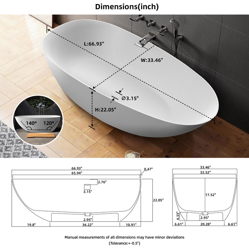 MEDUNJESS 67'' Freestanding Soaking Stone Resin Bathtub