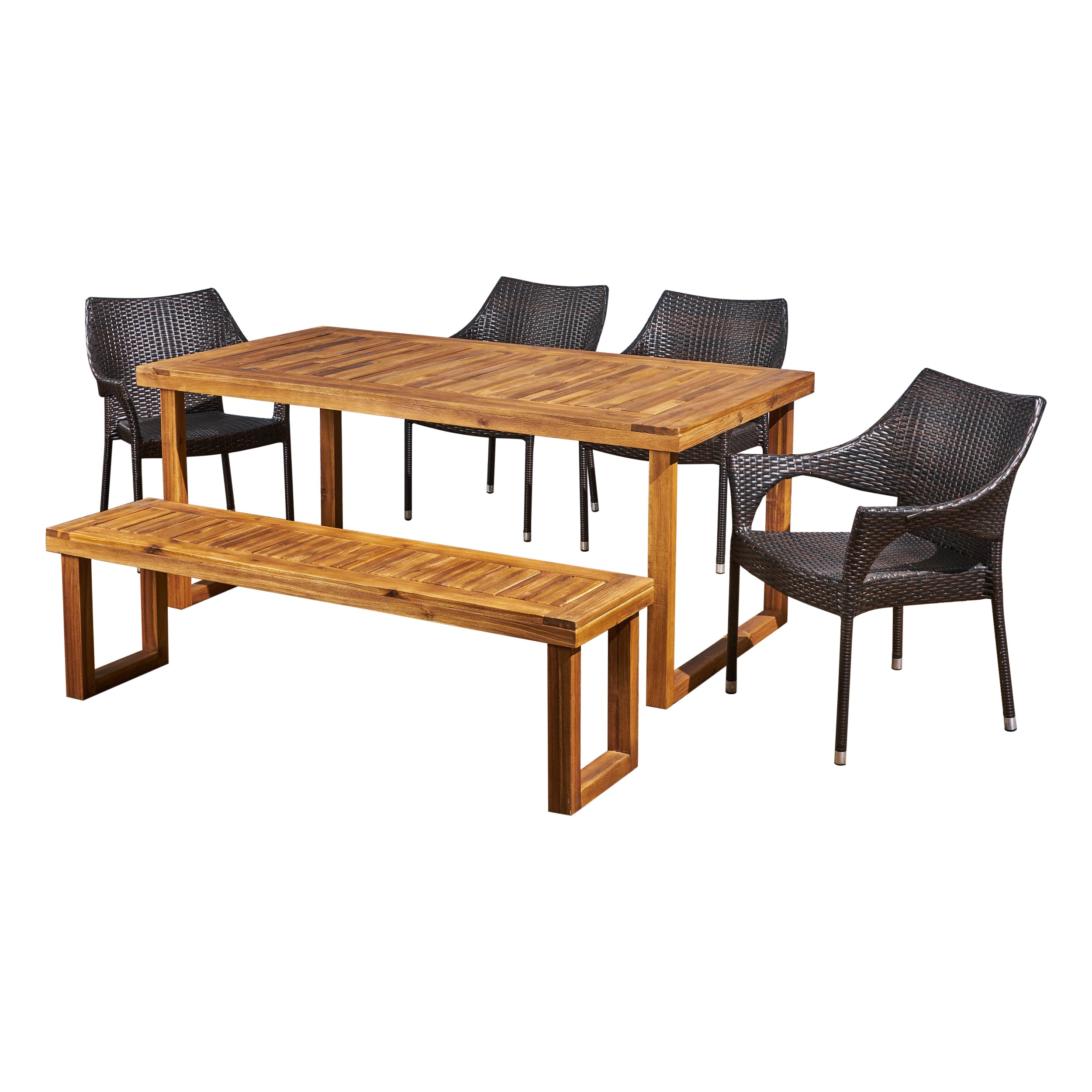 Cason Outdoor 6-Seater Wood and Wicker Chair and Bench Dining Set