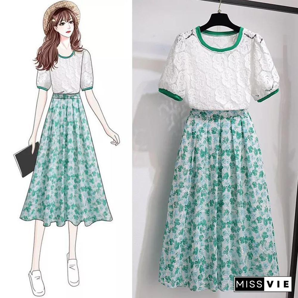 Sweet Lace Tee+Embroidery Skirt P15783