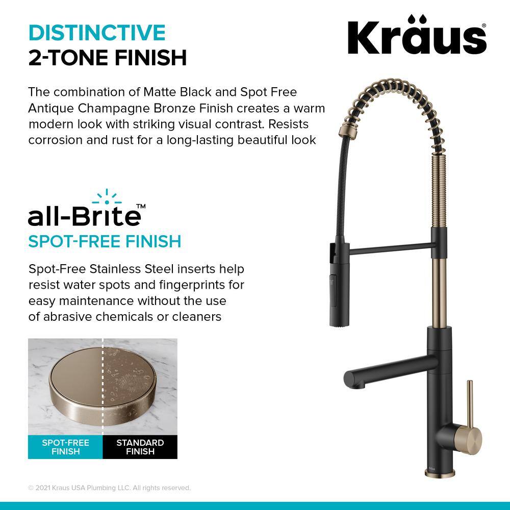 KRAUS Artec Pro Pull-Down Single Handle Kitchen Faucet with Pot Filler in Spot Free Antique Champagne Bronze  Matte Black KPF-1604SFACBMB