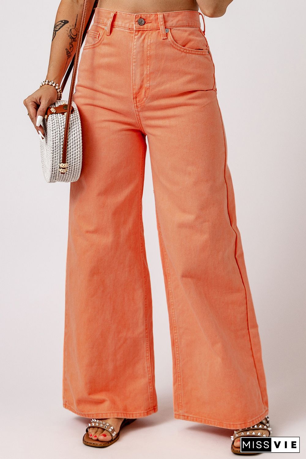 Orange Acid Wash High Waist Wide Leg Jeans