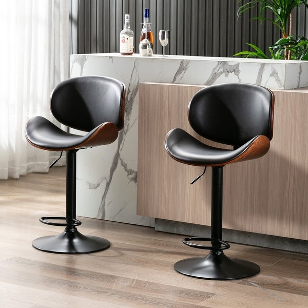 Walnut Bentwood Upholstered Swivel Adjustable Barstool Set of 2