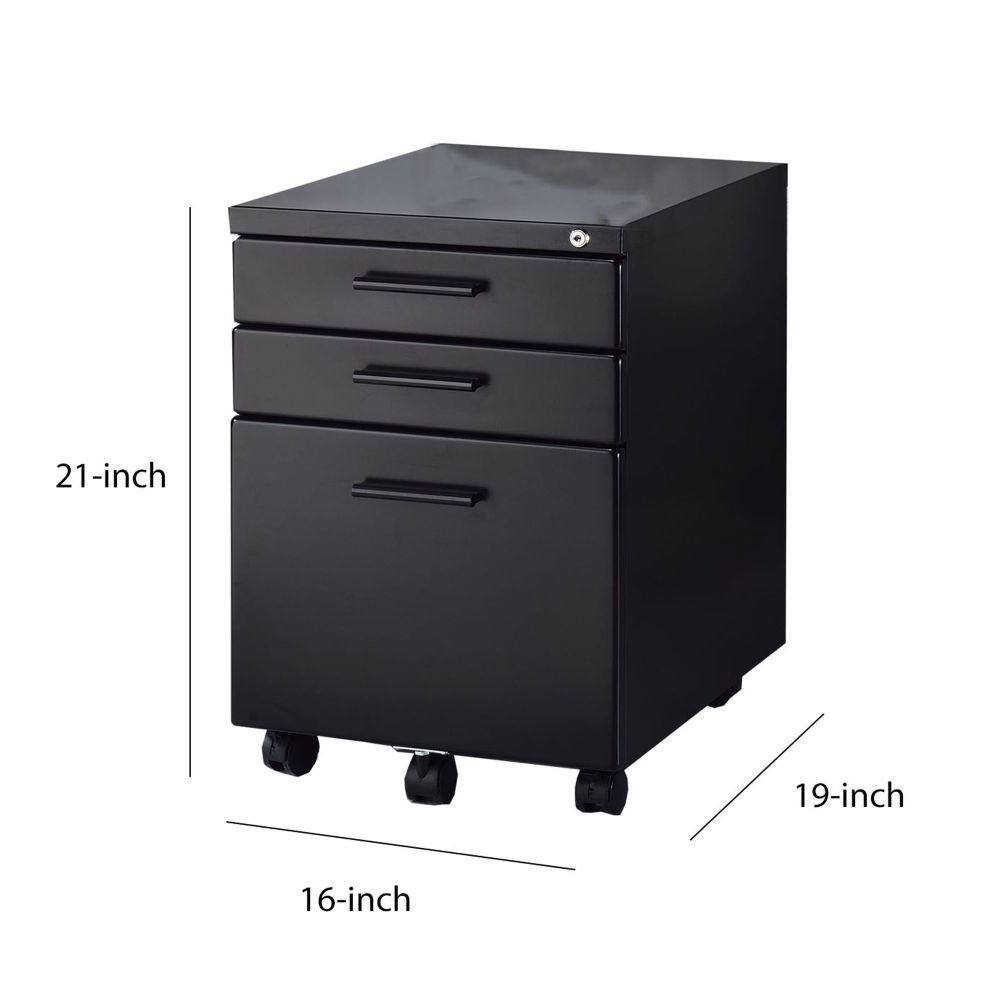 Benjara Black Contemporary Style File Cabinet with Lock System and Caster Support BM209615