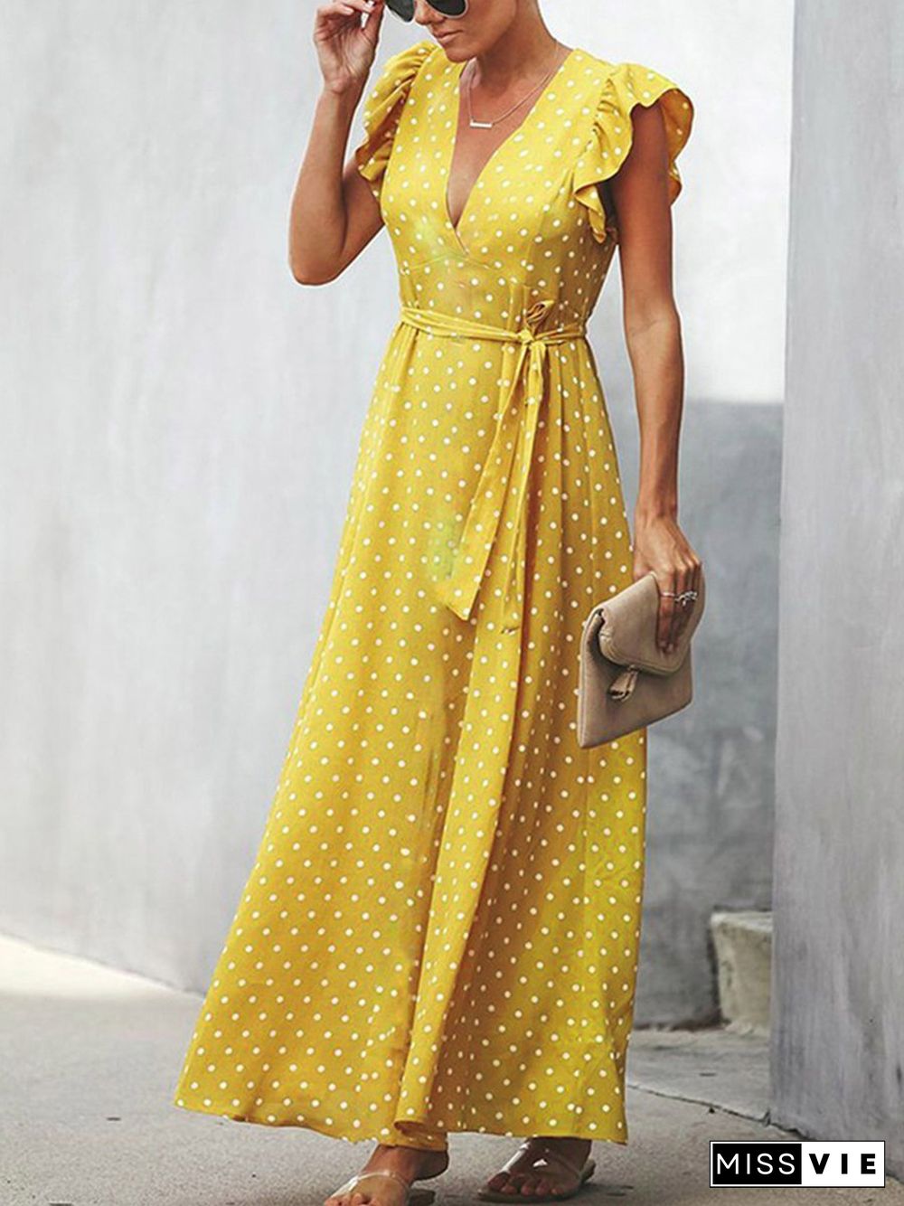 V-neck Ruffle Sleeve Wrap Maxi Dress P16306