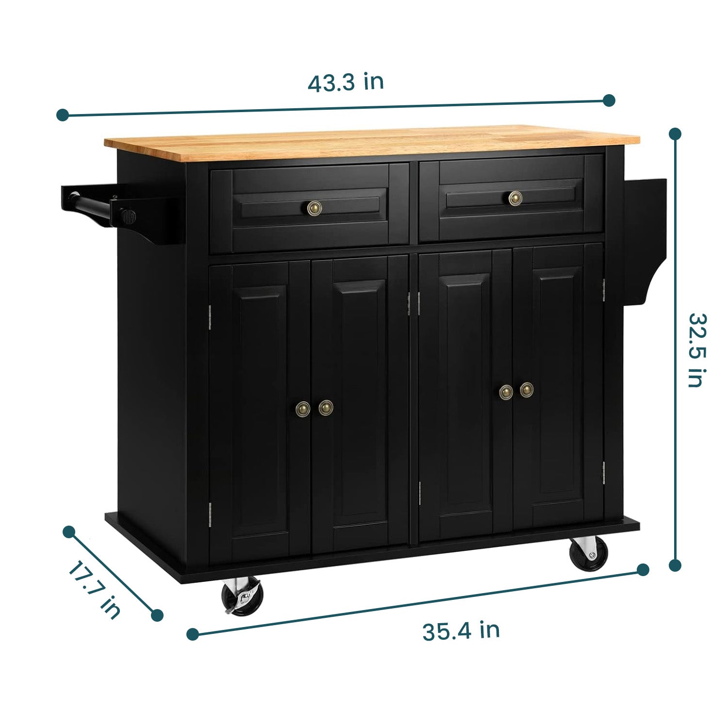 Wide Rolling Kitchen Island 43.3 Inches with Storage, Solid Wood Top and Locking Wheels