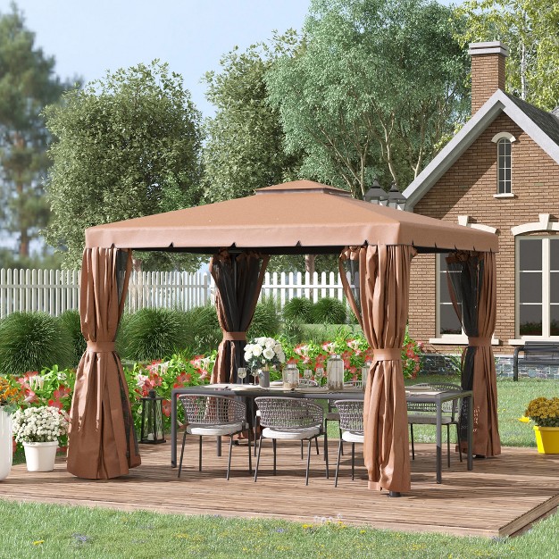 Outsunny 10 x27 X 10 x27 Patio Gazebo Outdoor Canopy Shelter With Double Vented Roof Netting And Curtains For Garden Lawn Backyard And Deck Brown