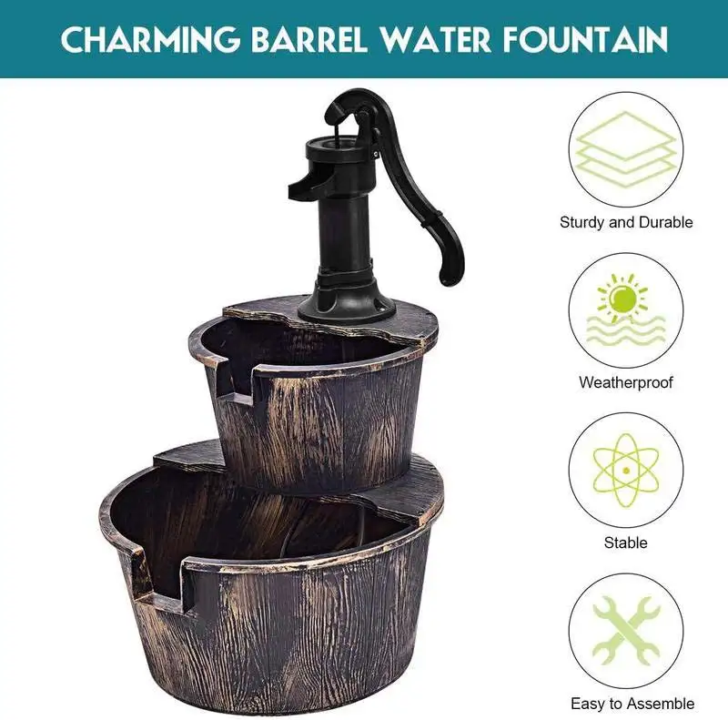 2 Tier Outdoor Rustic Pump Barrel Waterfall Fountain for Garden