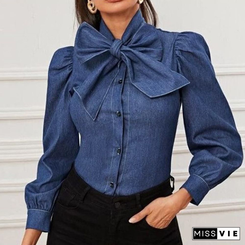 Women Long Sleeve Shirt Elegant Blouse Tunic Bow Tie Denim T-Shirts Plus Size