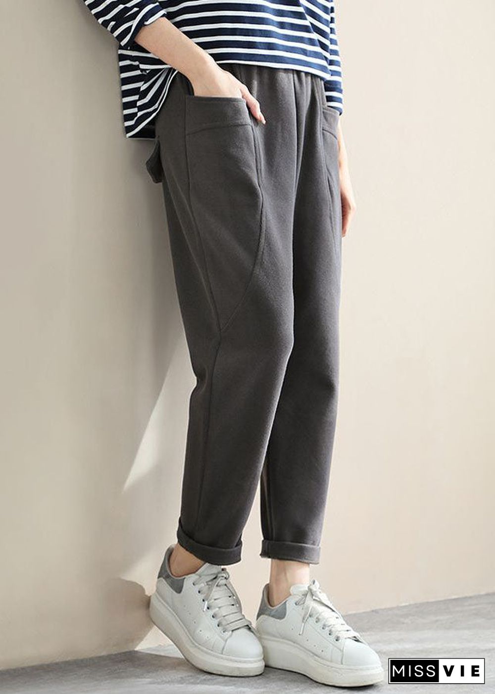 Vintage Grey High Waist Pockets Cotton Crop Pants Spring