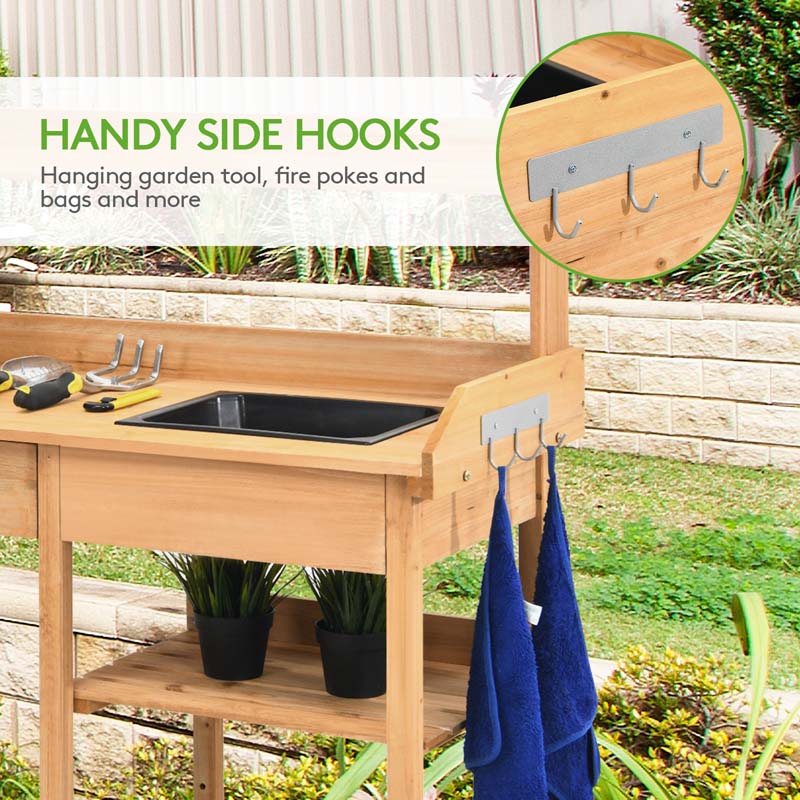 Outdoor Patio Potting Bench Table with Sink, Drawer, Shelves & Hooks, Fir Wood Garden Work Bench Workstation