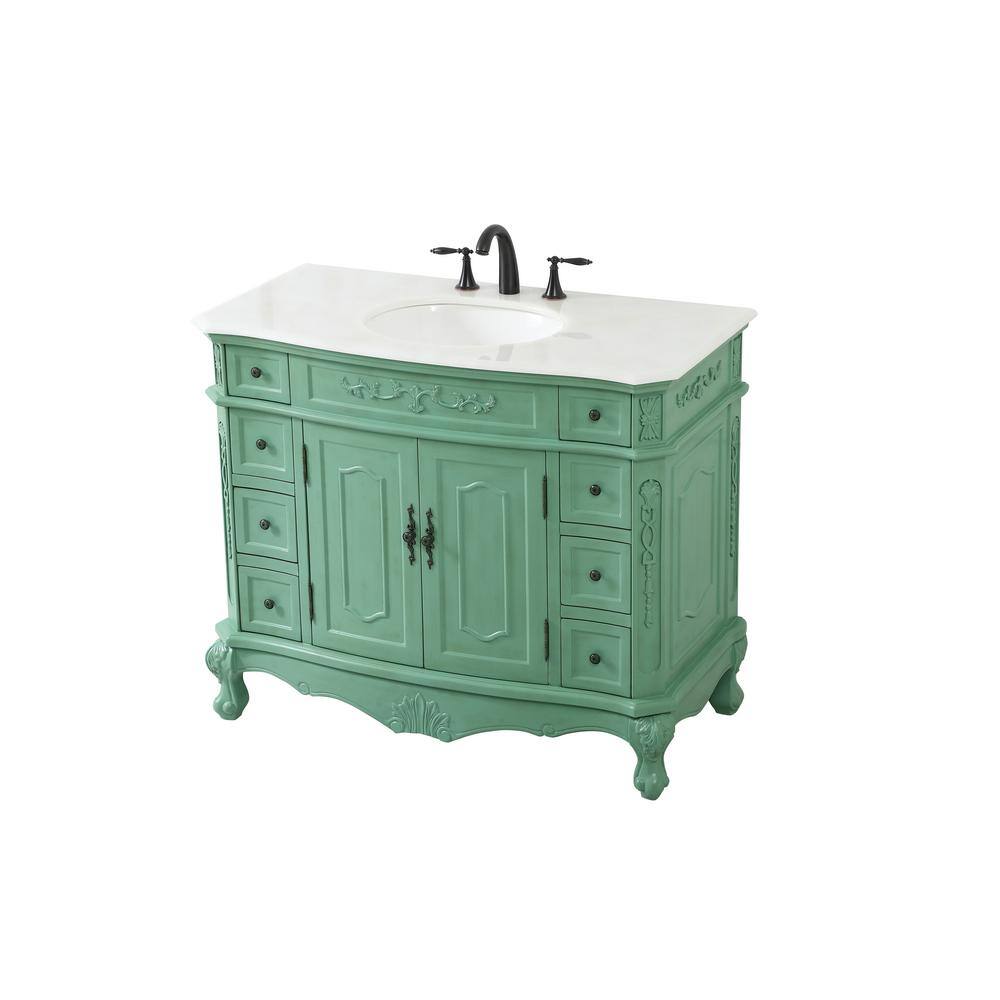 Timeless Home 42 in. W Bath Vanity in Vintage Mint with Marble Vanity Top in White and Brown Vein with White Basin TH20242HDVM