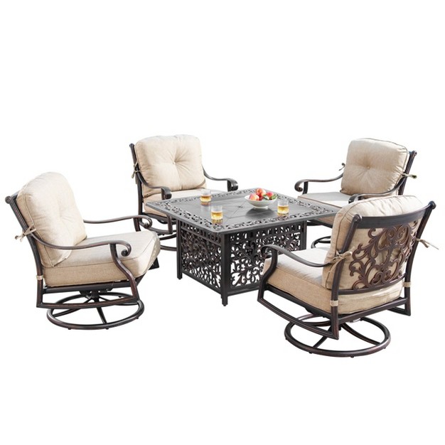 Square Outdoor Aluminum Fire Table amp Four Swivel Rocking Chairs amp Wind Block Oakland Living