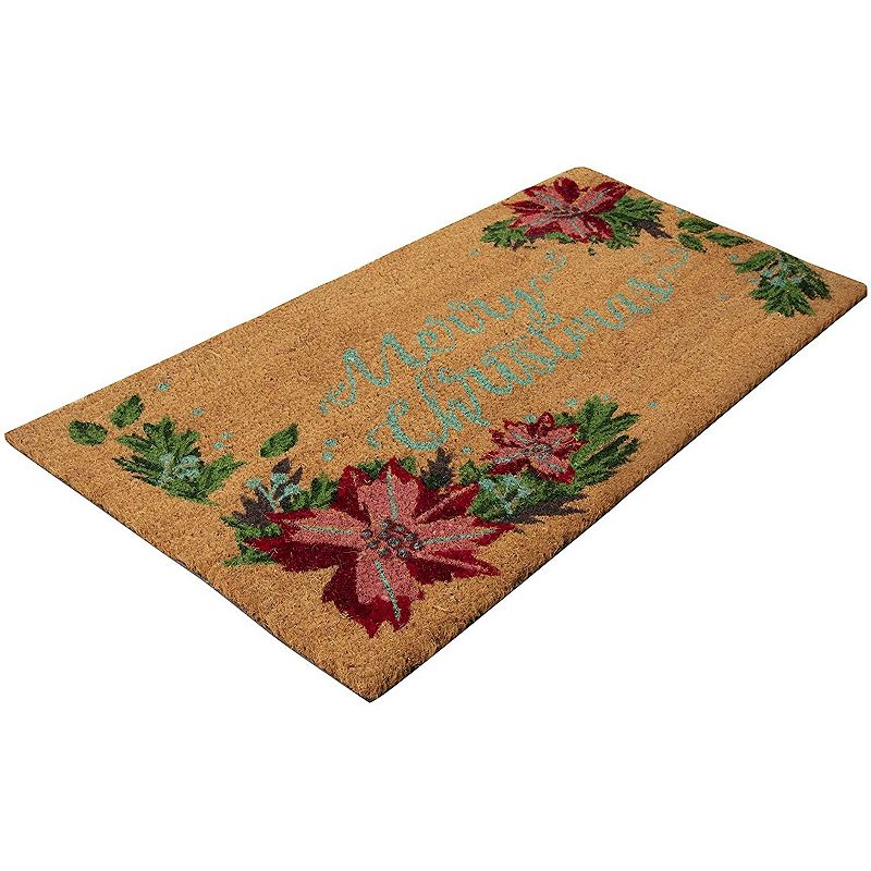 Poinsettia Merry Christmas Welcome Doormat， Holiday Decor， Natural Coir (30 x 17 in)