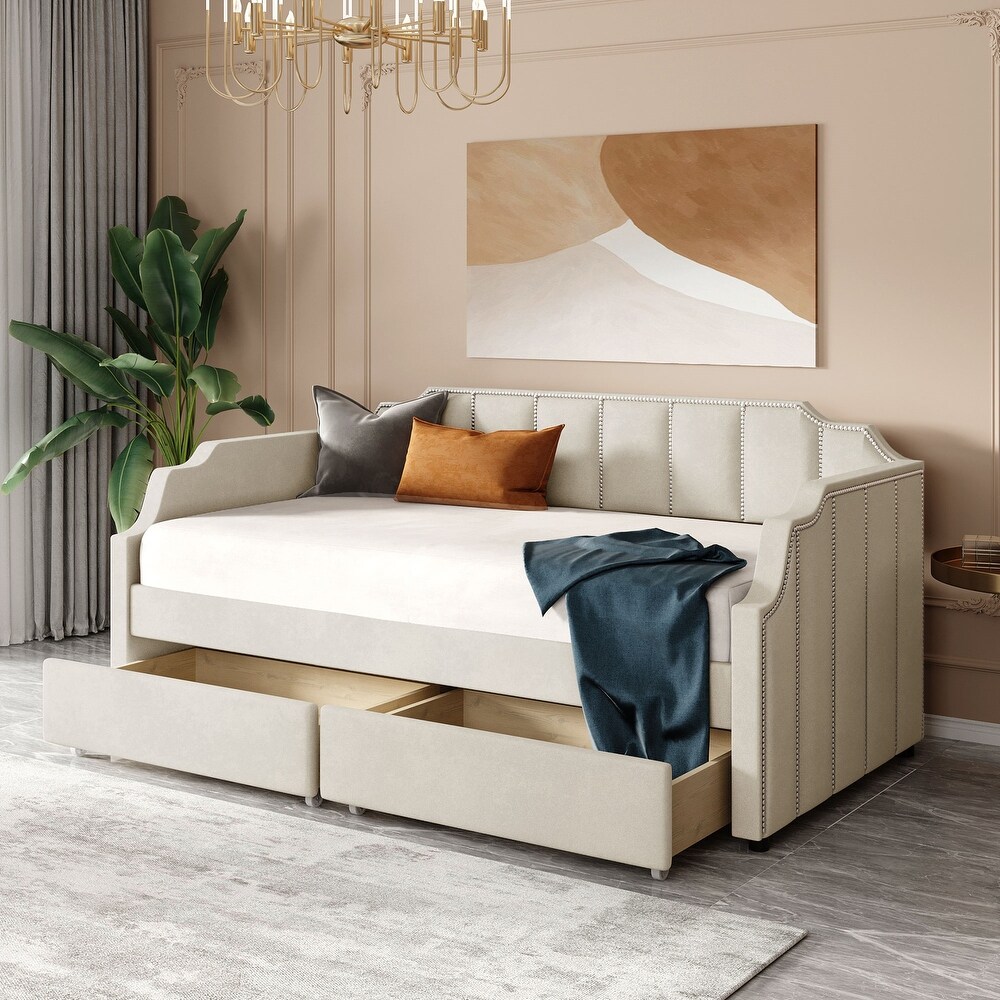 Twin Size Upholstered Daybed with Drawers   Wood Slat Support  Beige