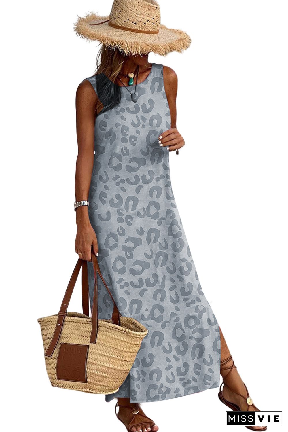 Gray Leopard Print Sleeveless Maxi Dress