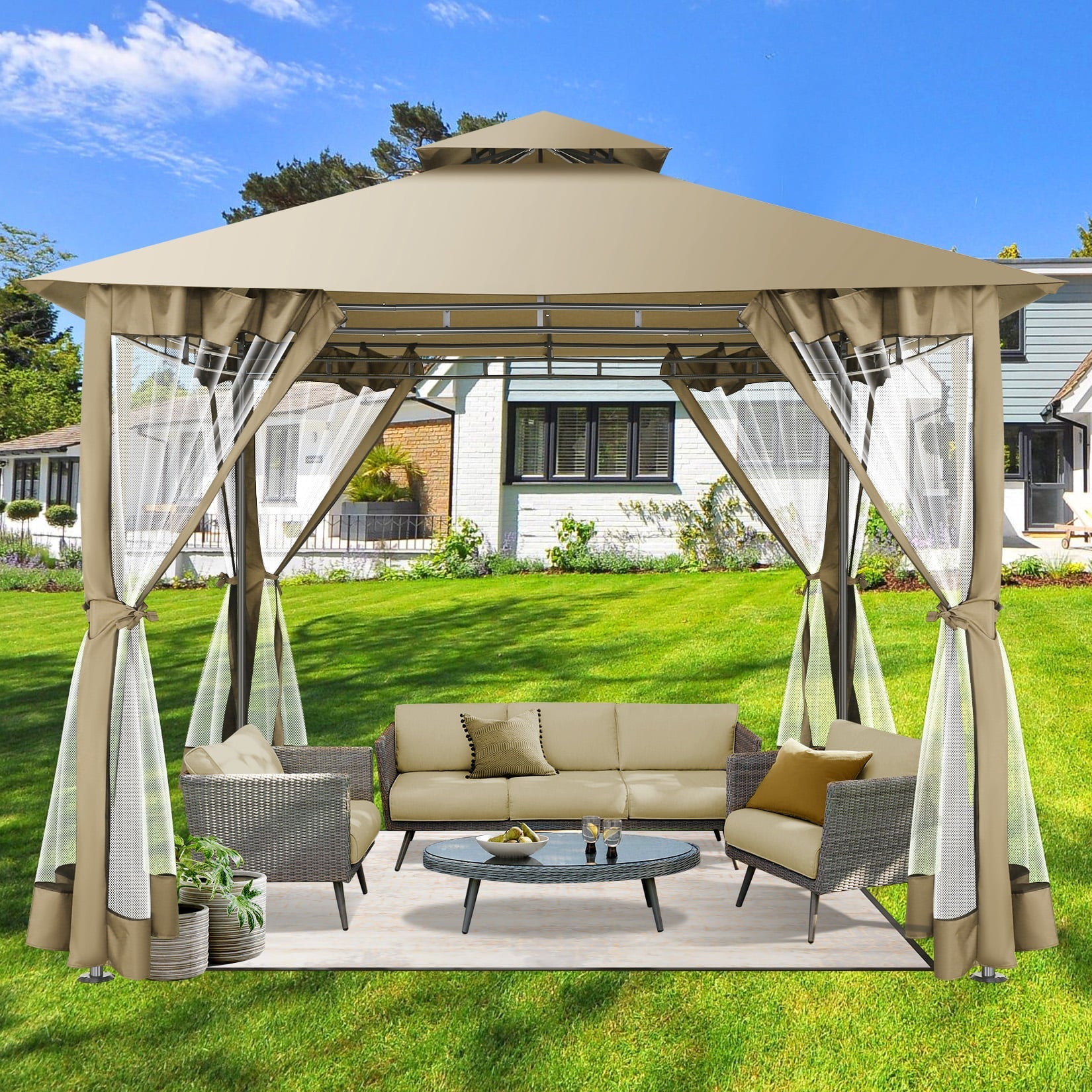 10 ' x 10 ' Gazebos for Patios, Gazebo Canopy with 4 Mosquito Netting, Rainproof & Sunscreen Shelter Tent with Double Eaves for Garden Backyard and Deck