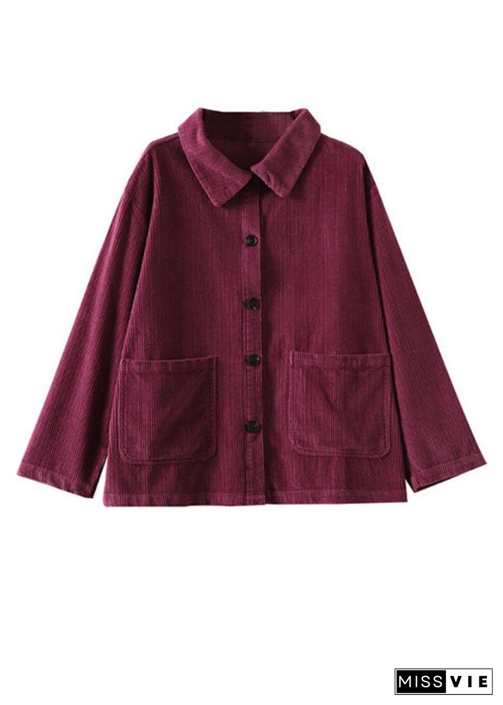 Purple Loose Pockets Shirt Top Long Sleeve Corduroy Coat