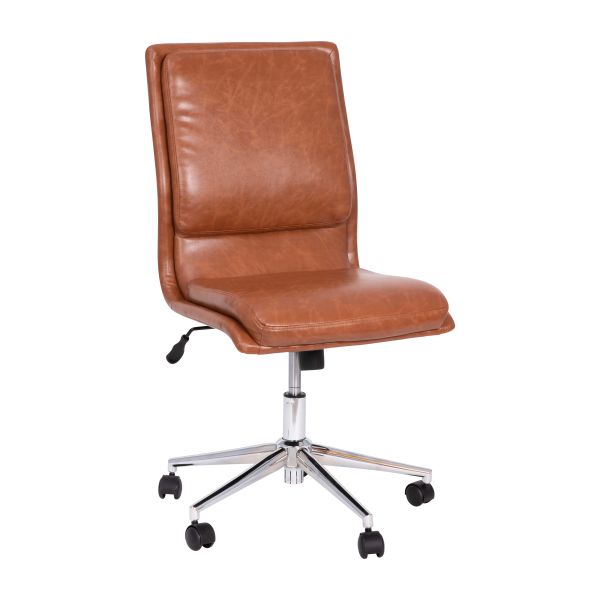 Madigan Mid-Back Armless Swivel Task Office Chair with LeatherSoft and Adjustable Chrome Base， Cognac