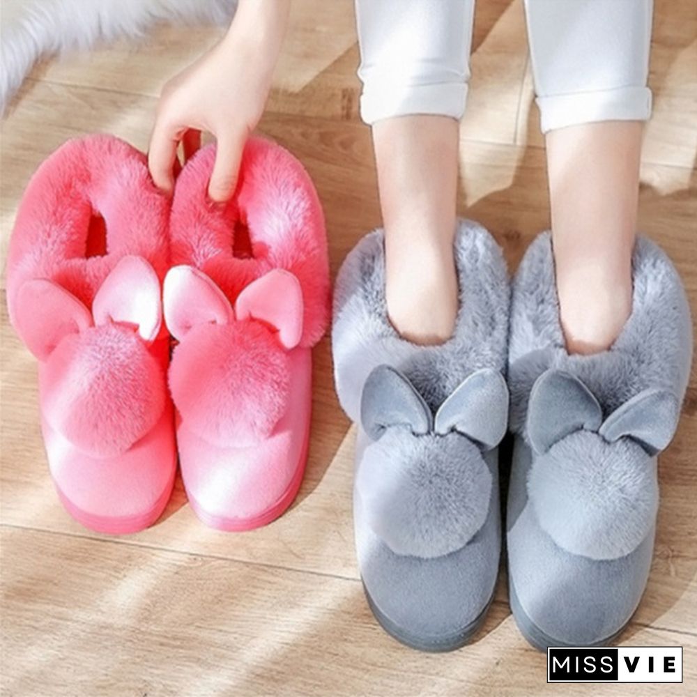 Winter Cute Rabbit Hair Indoor Warm Non-Slip Cotton Slippers Winter Women Shoes