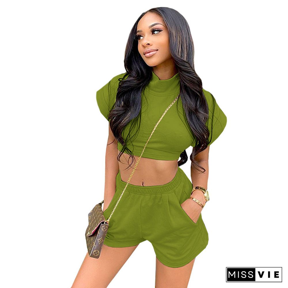 Solid Color Short Sleeve Crop Top Shorts Casual Two Piece Set