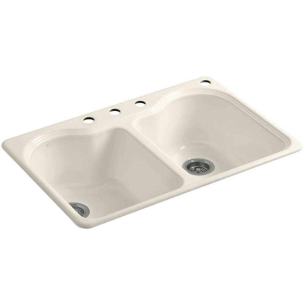 KOHLER Hartland Drop-In Cast Iron 33 in. 4-Hole Double Bowl Kitchen Sink in Biscuit K-5818-4-96