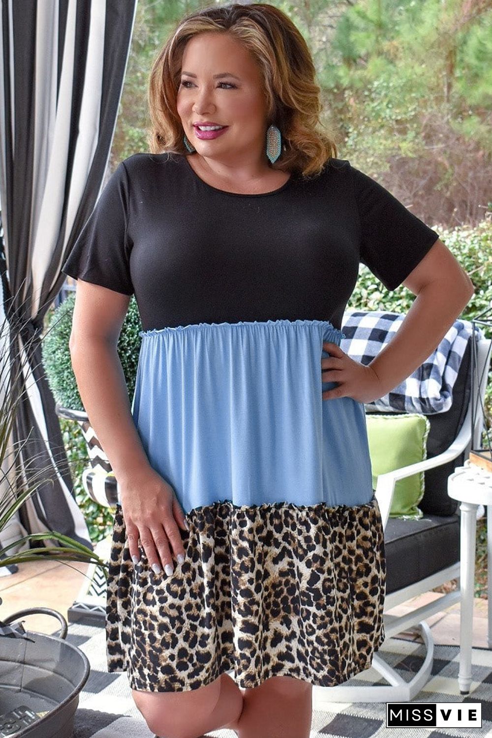 Sky Blue Colorblock Leopard Patchwork T Shirt Plus Size Dress