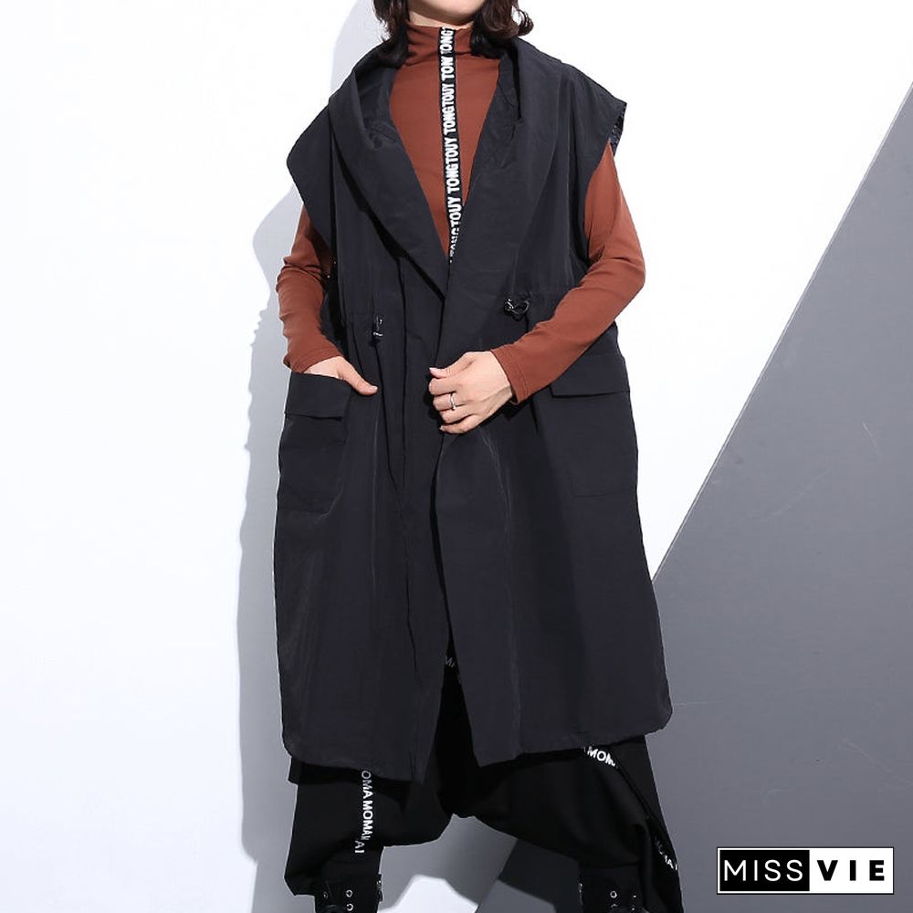 Fine black cotton blended tops plus size hooded tie waist clothing tops Elegant Sleeveless coats