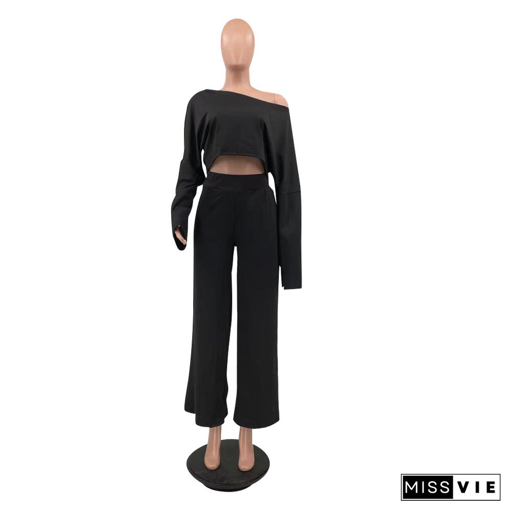 Solid Loose Long Sleeve Crop Top Wide Leg Pants Suit