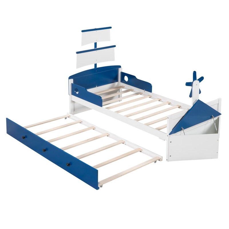 3Pcs Boat Shaped Platform Bed with Trundle and 2 Nightstands