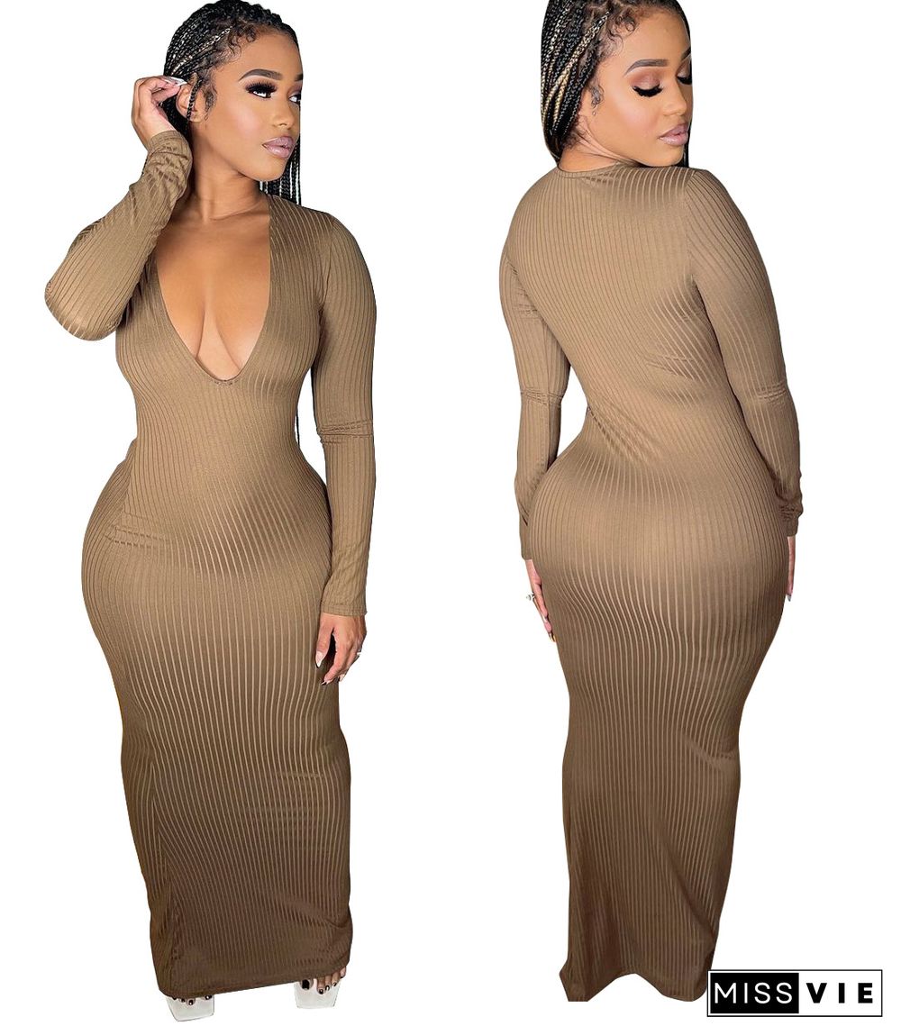 Solid V Neck Long Sleeves Bodycon Knitted Dress