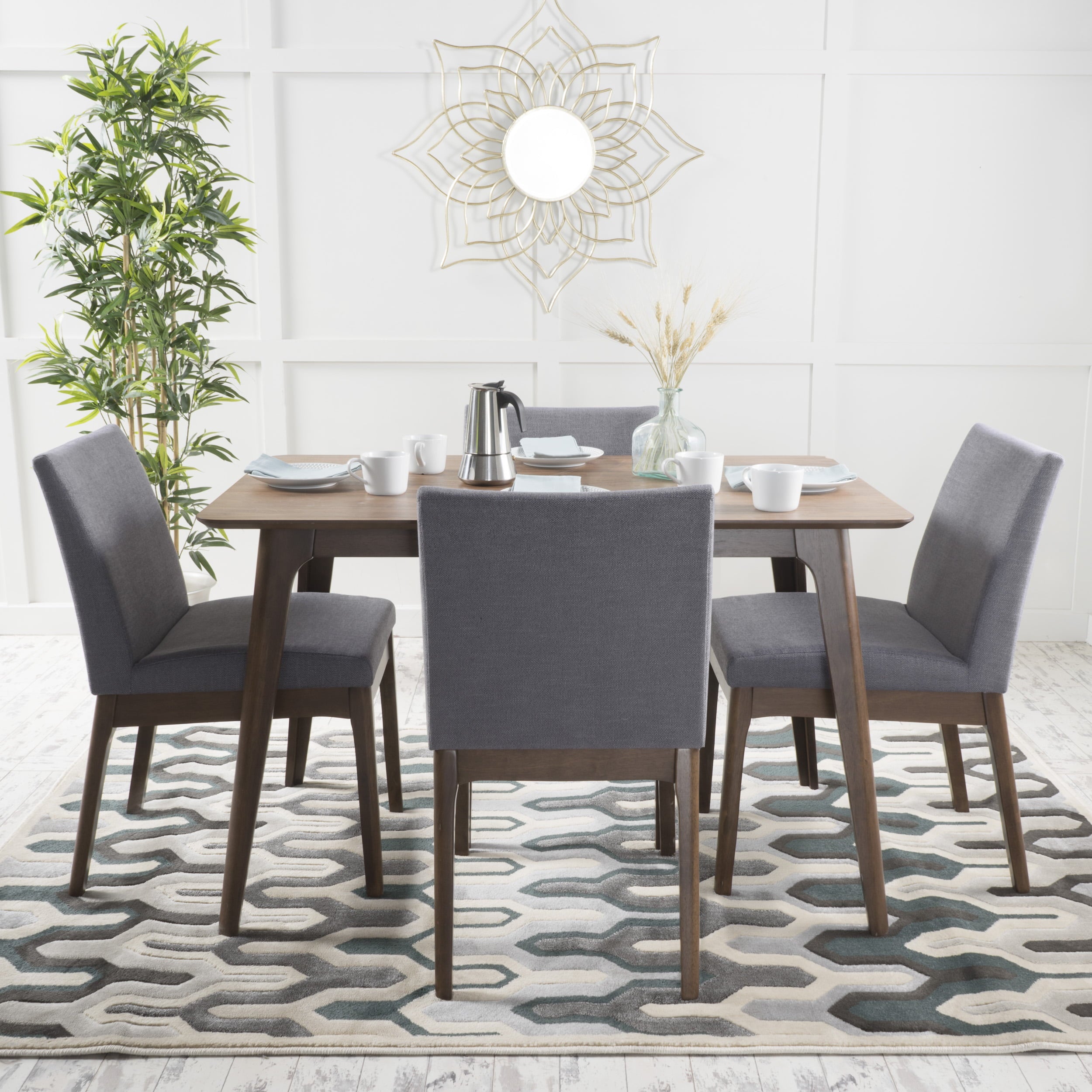 Noble House Caruso Mid-Century Modern 5 Piece Dining Set, Dark Gray and Walnut