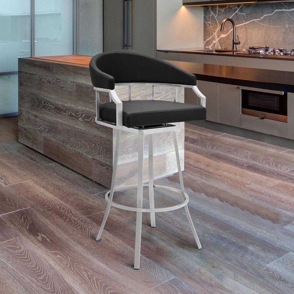 Armen Living Palmdale Brushed Stainless Steel Swivel Modern Faux Leather Bar and Counter Stool LCVLBABSBL26