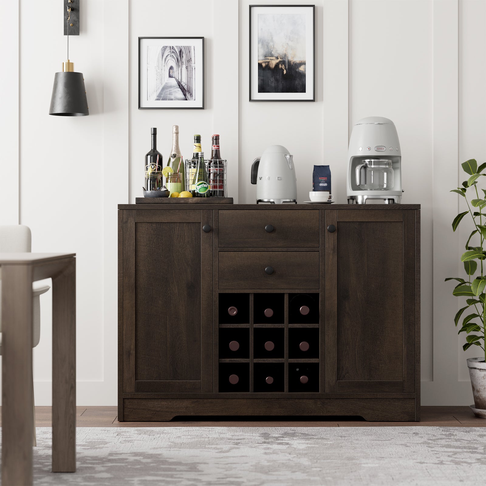 Coffee Bar Cabinet Kitchen 43-inch Buffet Cabinet with Storage, Drawers, Adjustable Shelves, and Wine Rack