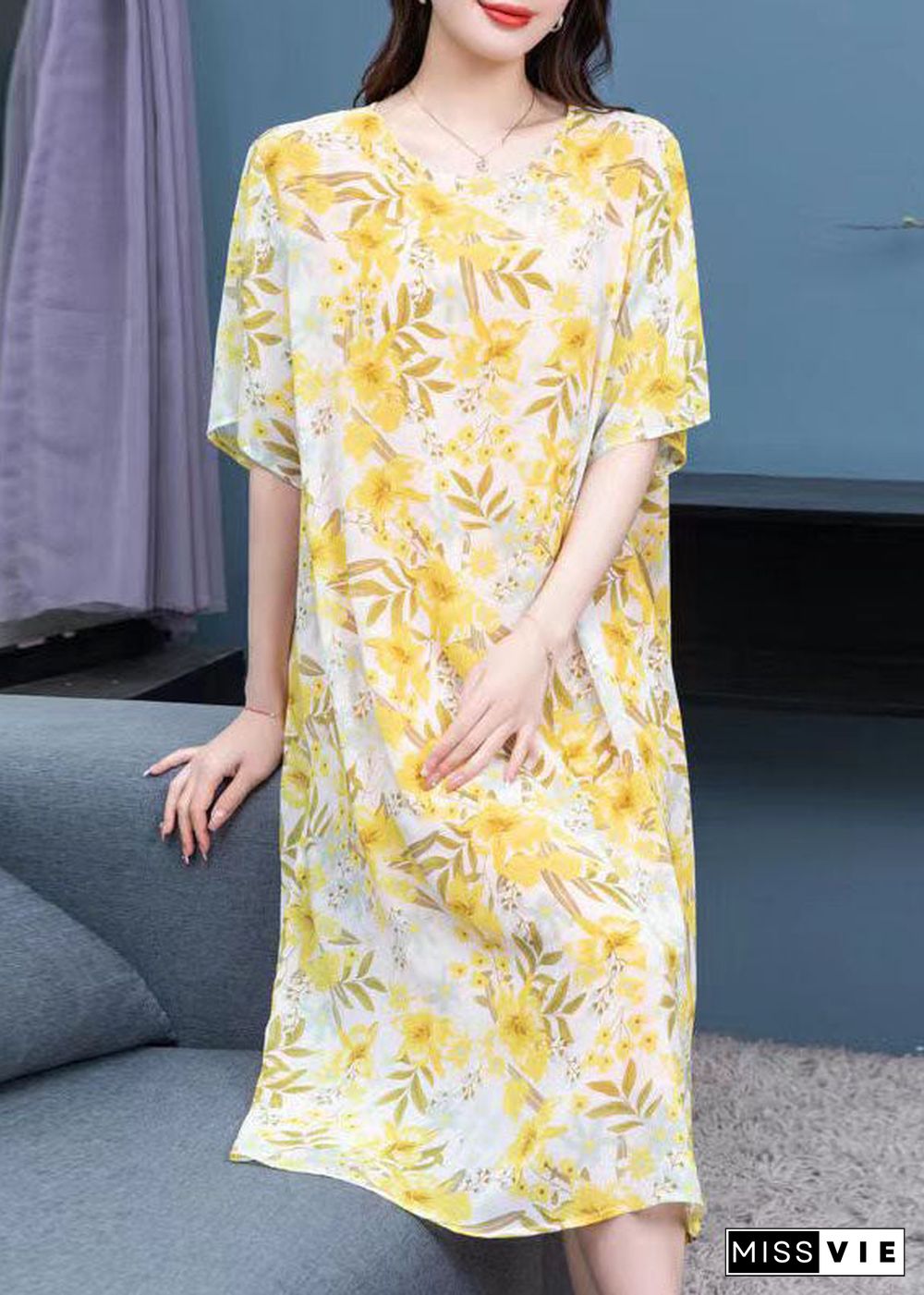 French Yellow O Neck Print Patchwork Chiffon Mid Dresses Summer